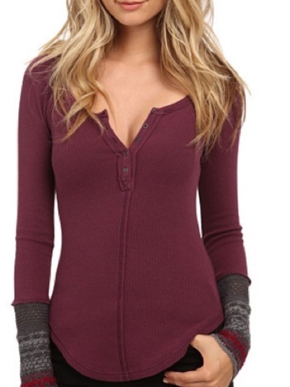 Free People Ski lodge thermal shirt cuff knit Henley pullover Gypsy purple Elena